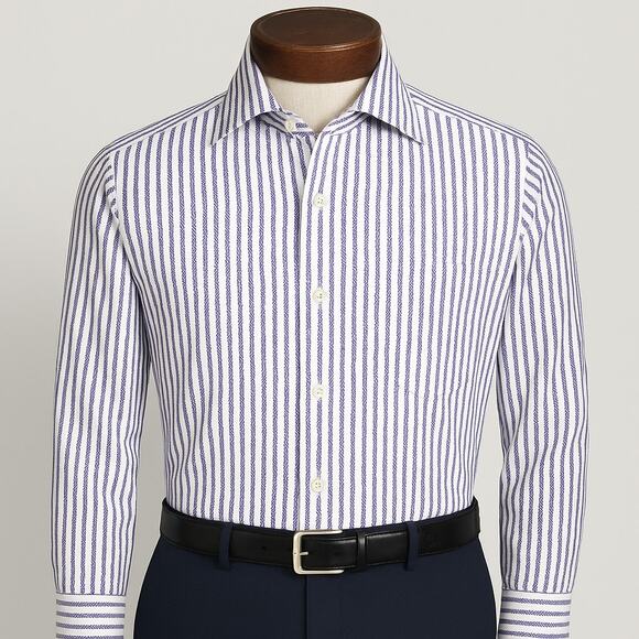 Paul Fredrick Blue White Herringbone Stripe French Cuff Dress Shirt 15.5 32 - Picture 2 of 8